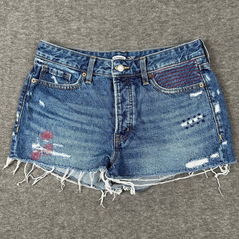 Old Navy Distressed Blue Denim Jean Shorts with Red Stitch Accents